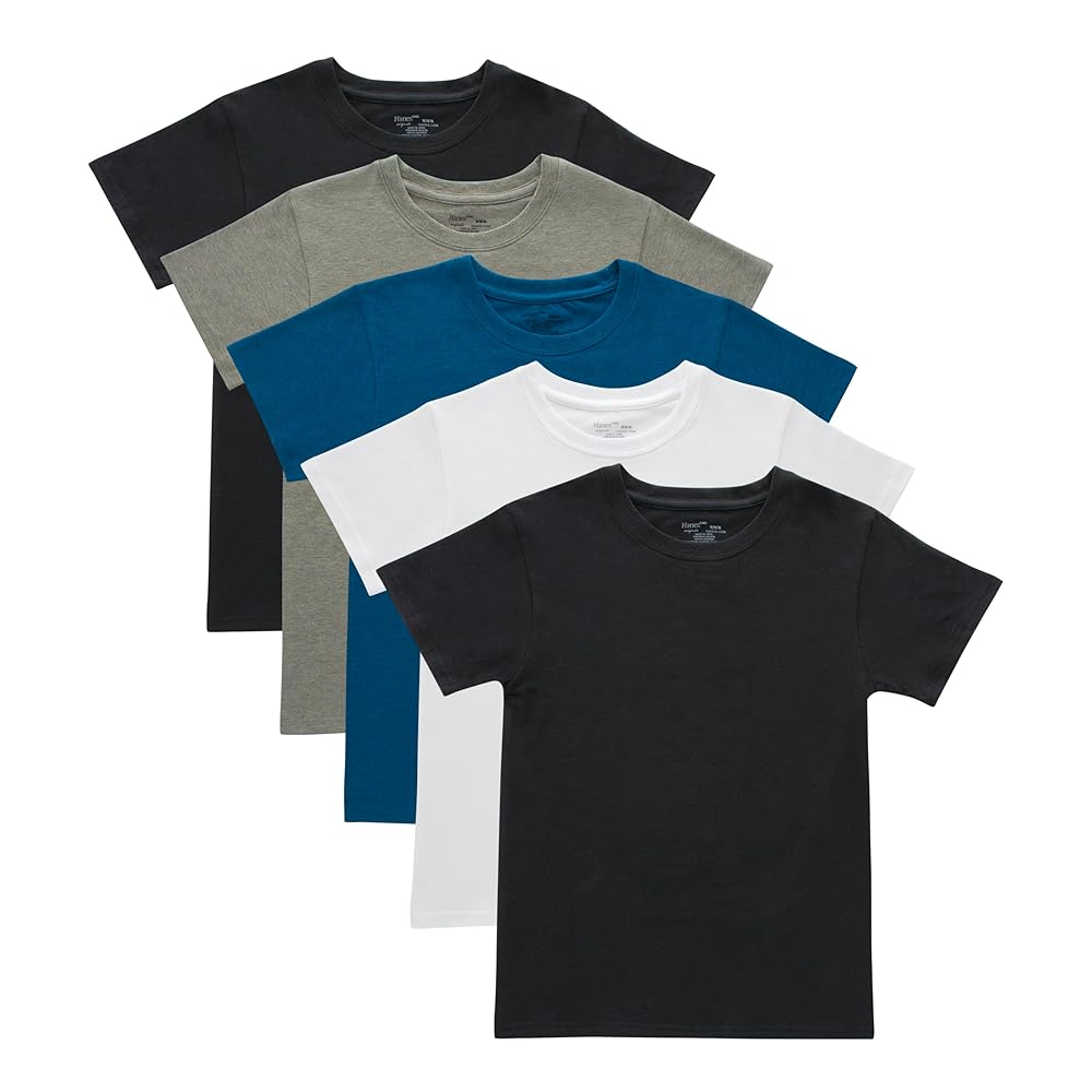 Hanes Boys’ Unique Crewneck Undershirts, Stretch Cotton, Black & Assorted Colours, 5-Pack