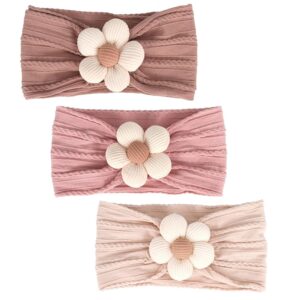 Set of three Child Flower Headbands for Women – Mushy Nylon Hair Equipment for Newborns, Infants, and Toddlers (Beige, Pink, Khaki)